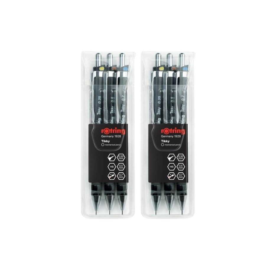 rOtring Tikky Mechanical Pencil | 0.35mm, 0.5mm and 0.7mm | HB Lead | Black Barrel | 3-Piece Set x 2