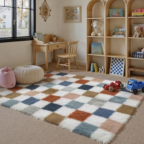 HUGEAR Kariert Flauschig Teppich Wohnzimmer 140x200cm Multicolore Weiß Shaggy Carpet – Ansicht 1