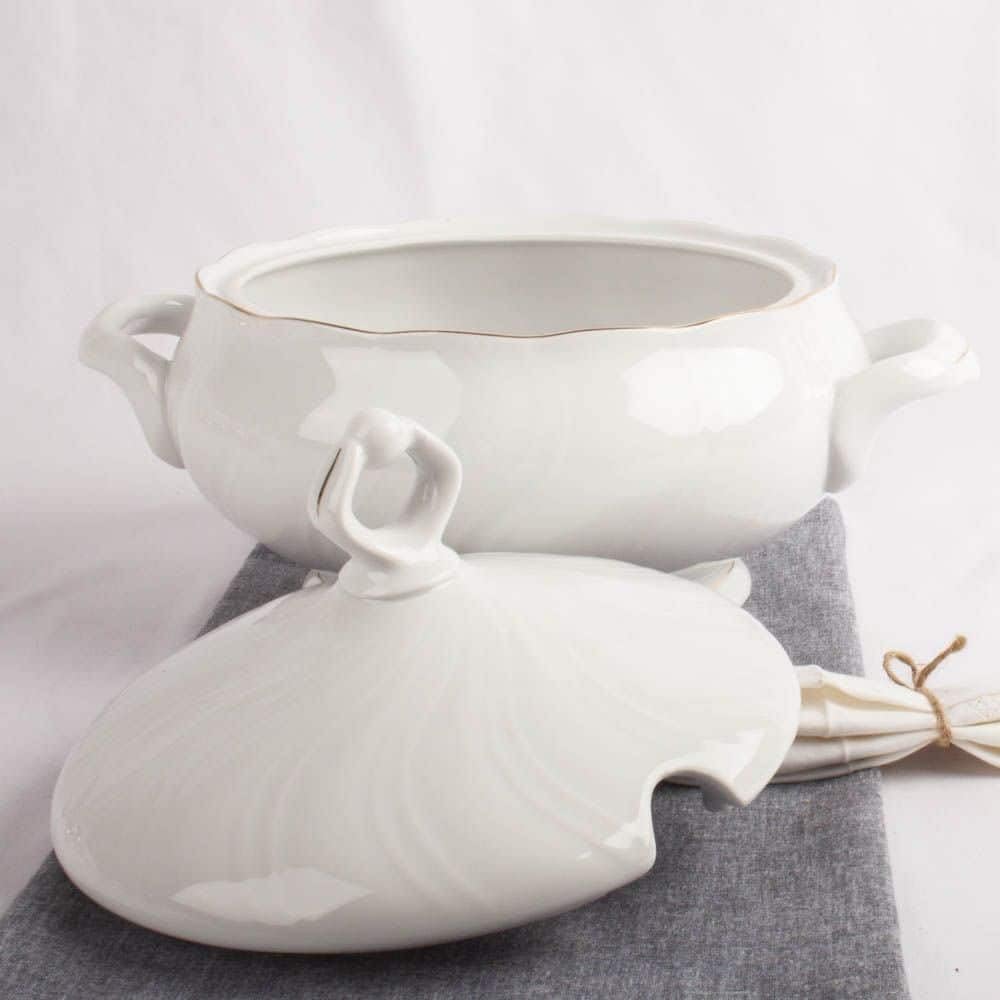 Franquihogar - Lubeck, Zuppiera in porcellana con coperchio, per zuppe, classica, con filo oro e decorazione, 1 l