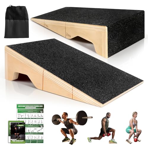Squat Wedge Block, 2 Pcs Non-Slip Wooden Squat Wedge for Heel Elevation & Weightlifting with...