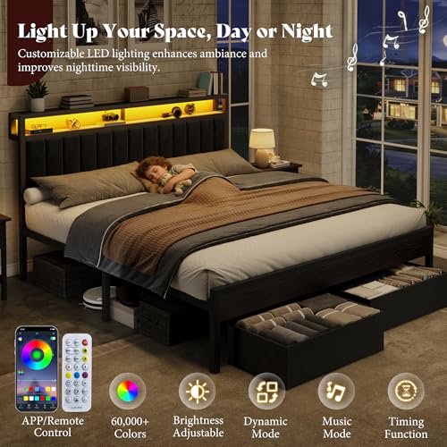 Image of AMERLIFE King Bed Frame with LED Lights & 2-Tier Storage Headboard | Black, 2 Storage Drawers, Metal Platform Frame, Velvet Upholstery, Heavy-Duty Slats, No Box Spring, Easy Assembly