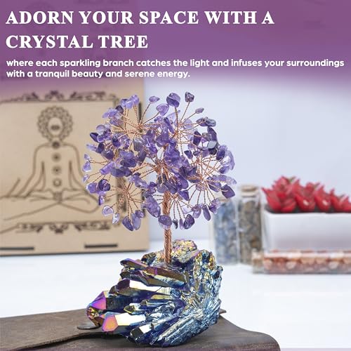 Image of Crocon Amethyst Crystals Tree with Rainbow Titanium Cluster Base Tree of Life Decor for Shelf, Birthday Gifts for Women, Sister Gifts, Birthday Gifts for Mom, Cute Home Decor, Purple Decor Present