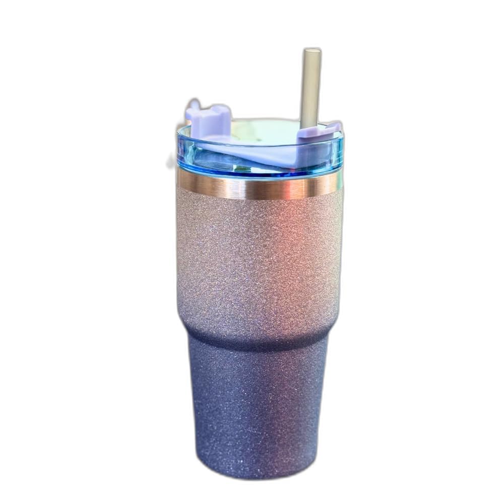 TimBuk2 Tumbler Blue Glitter Gradient Cup Stainless Steel Double Wall Vacuum Insulated Mug with Straw and Lid, Cleaning Brush for Cold and Hot Beverages 600 ML (Sky Blue and Silver)