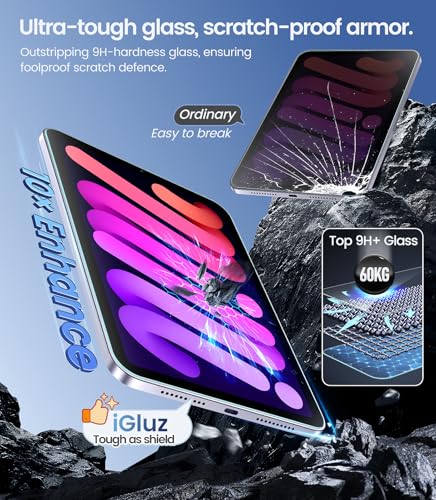 Image of iGluz 2 Pack for iPad Mini 8.3 inch(A17 Pro 7th /6th Gen 2024 /2021) 9H+ Tempered Glass Screen Protector with Easy-Install Box[12FT Grade Shatterproof] Apple Pencil Compatible,HD Clarity,Scratch Resistant