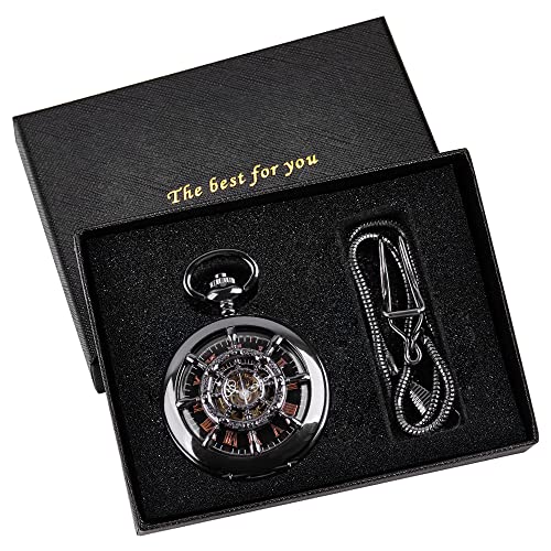 Image of Men's Mechanical Hollow Design Hand Wind Pocket Watch Roman Numerals Steampunk with Chain Box