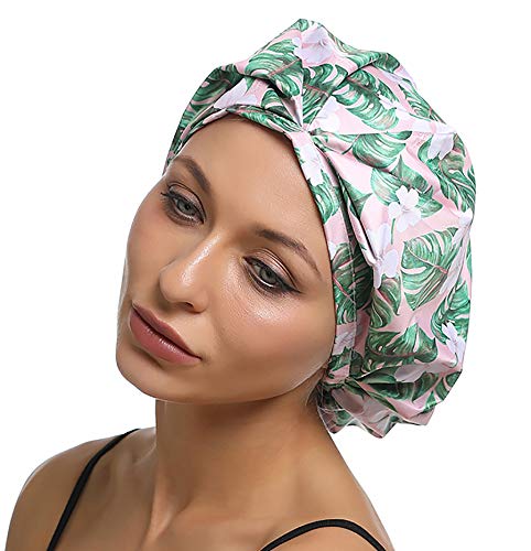 SENGTERM Shower Cap for Women,Reusable Luxury Hair Cap Bath Hats Waterproof Hair Cover Large Shower cap Bonnet for Natural,Long Hair (ADULT, Pink leaf)