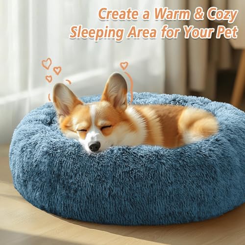 Image of JOLLYVOGUE Calming Dog Bed Medium Size Dog, 31in Donut Washable Medium Pet Bed, Anti-Slip & Anti-Anxiety Fluffy Faux Fur Round Dogs Bed, Fits up to 45 lbs Pets (Blue)