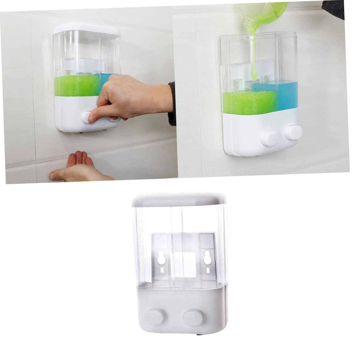 Distributore di Sapone a Doppia Camera da Parete, Plastico Bianco | Ricaricabile e Riutilizzabile, Design a Parete Aspirazione, Adatto per Doccia e Lavello, Due Scomparti