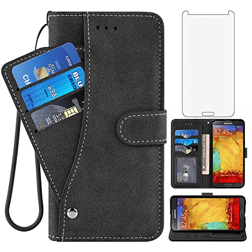 Asuwish Compatible with Samsung Galaxy Note 3 Wallet Case and Tempered Glass Screen Protector Lanyard Flip Credit Card Holder Stand Cell Accessories Phone Cover for Glaxay Note3 N9005 Women Men Black