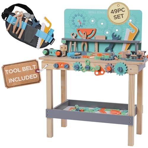 Image of Wooden Toddler Workbench - 49 Piece Toddler Tool Set - Kids Tool Belt Included - Wooden Montessori Kids Tool Bench - Toddler Tool Bench - Toddler Toys for Ages 2-4