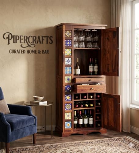 Image of Sheesham Wood Bar Cabinet - Already Assembled - Rack for Hard and Soft Drinks - Solid Sheesham Wood Bar Cabinets for Living Room | Wine Wisky Scotch All Type Drinks - Natural Finish