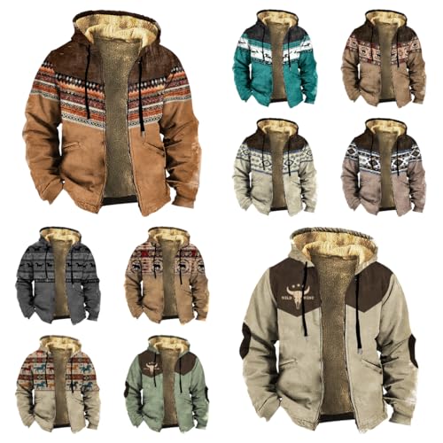 Western Cowboy Aztec Ethnic Winter Jackets for Men Vintage Graphic Sherpa Fleece Zip Up Heavy Warm Lined Coats3