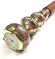 Vista 3 de Bastón de cuero con mango de latón antiguo de 3 cúpulas con reloj en la parte superior