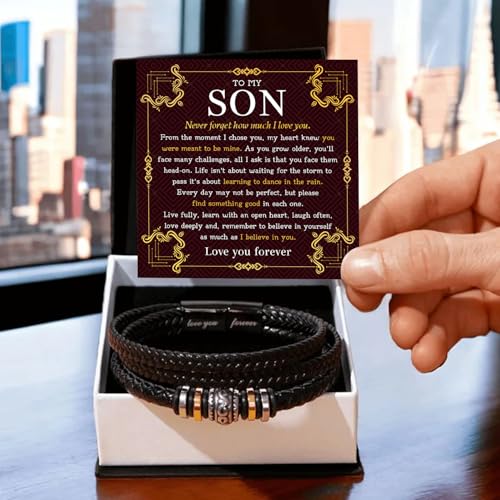 To My Son Bracelet From Father And Mother With Heartfelt Message & Elegant Box, Love You Forever Bracelet Braided Leather, Men's Gift For Son On Christmas, Graduation, Birthday3