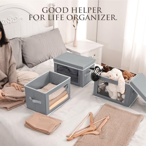 Image of Homsorout Stackable Storage Bins with Lids - Medium Storage Box with Lids, Foldable Closet Boxes for Organizing, Wardrobe Clothes Organizer with Window, Cubes Bins for Living Room, 5 Pack, Grey