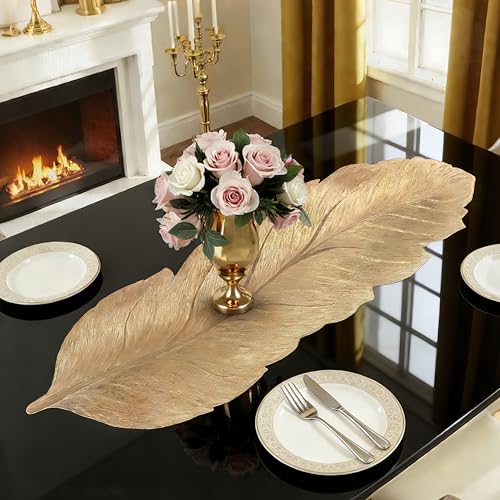 FAVE Chemin de Table Étroit 90 cm, en Vinyle Résistant à la Chaleur - Doré à Motifs Feuilles pour Décor de Mariage, Dîner