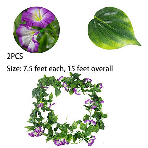 2 Pcs Artificial Vines 15Feet Silk Flower Garland For Outdoors Purple Morning Glory Vine Artificial Flowers Hanging Plants Garland Fake Green Plant For Wall Fence Indoor Wedding Banquet Decor #TOP1