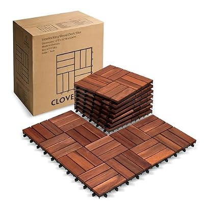 CLOVERHOLM Hardwood Interlocking Patio Deck Tiles (Pack of 10 12" x 12") Floor Tile, Wood Flooring, Interlocking Floor Mats (12x12 Inch, Walnut, 10)