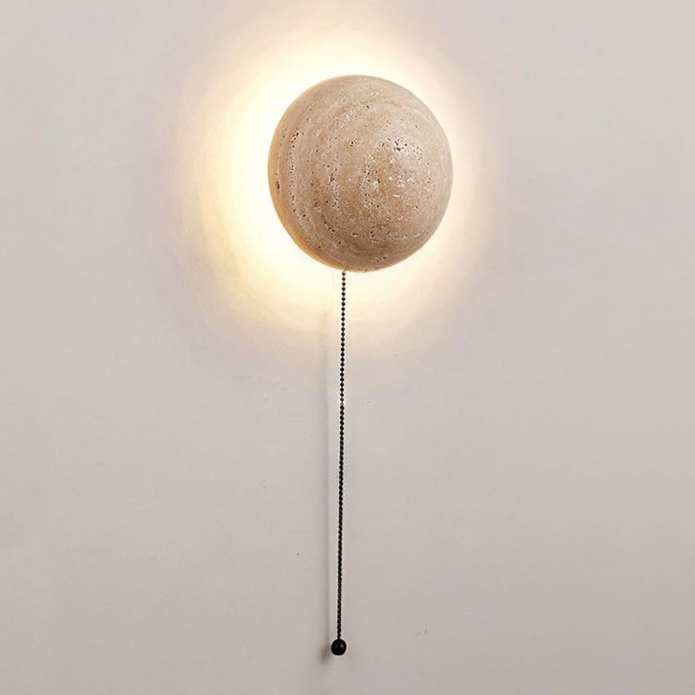 GUOGUOSM Nordic Industrial Style LED Wall Light, 5.9in Round Wall Sconce, Natural Yellow Travertine Wall Lamp, Bedside Dressing Table Entryway Decorative Lighting Fixtures
