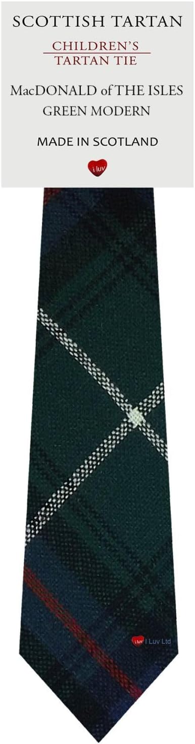 I LUV LTD Boys All Wool Tie Woven And Made in Scotland in MacDonald Of The Isles Green Modern Tartan