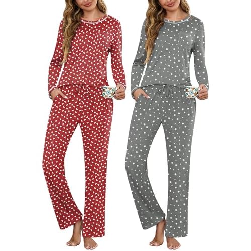 Marvmys Womens Pajama Sets 2 Pack Pajamas Long Sleeve Pj Sets Tops and Pants Printed Pjs Sleepwear with Pockets S-3XL X-Large Red Heart, Grey Star