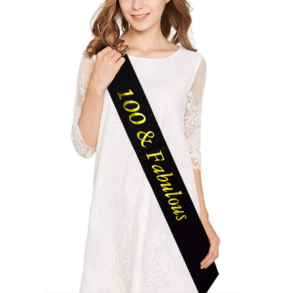 100th Brithday Gold Tiara and Sash, Glitter Satin 100 & Fabulous Sash and Crystal Rhinestone Birthday Crown for Happy 100th Birthday Party Supplies Favors Decorations 100th Birthday Cake Topper