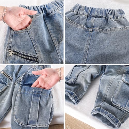 Baggy Cargo Jeans for Kids Boys Elastic Waist Flap Pocket Casual Wide Leg Pull On Denim Pants 4-13 Years3