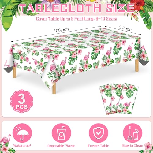 Image of NatNarr 3 Pack Hawaiian Luau Party Tablecloth, 54 x 108 Inch Disposable Tropical Palm Leaves Table Cloth Waterproof Rectangle Table Cover for Summer Beach Pool Cocktail Party Decorations