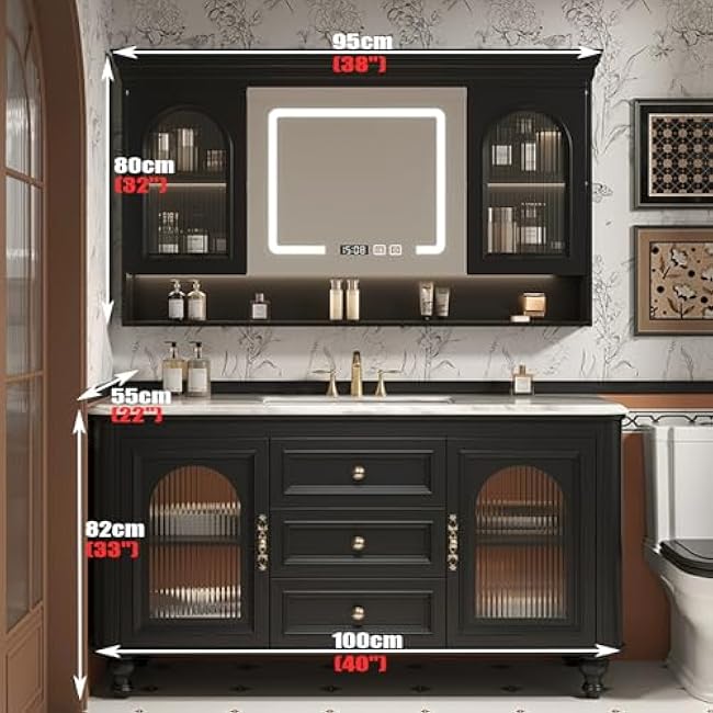 Bathroom Vanity with Sink Combo Set, Solid Wood Frame Bathroom Storage Cabinet with Drawers & Mirror CabinetBlack,100cm/40in
