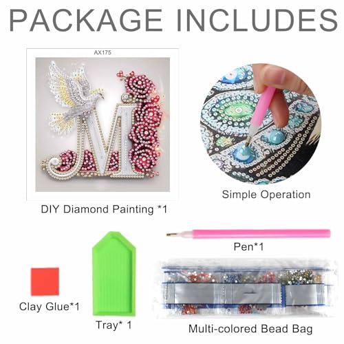 Image of AiYuanzsh 5D Diamond Art Kits for Adults Letter M, Modern Rose & Dove Floral Diamond Painting Kit for Beginners, Luxury Initial DIY Diamond Art for Home Decor 17x17cm