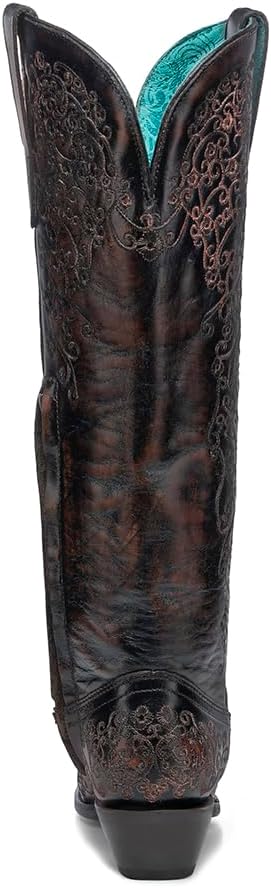 Corral Boots Women's Black and Honey Handcrafted Western Boots | Snip Toe Tall Cowboy Boots with Floral Embroidery Design