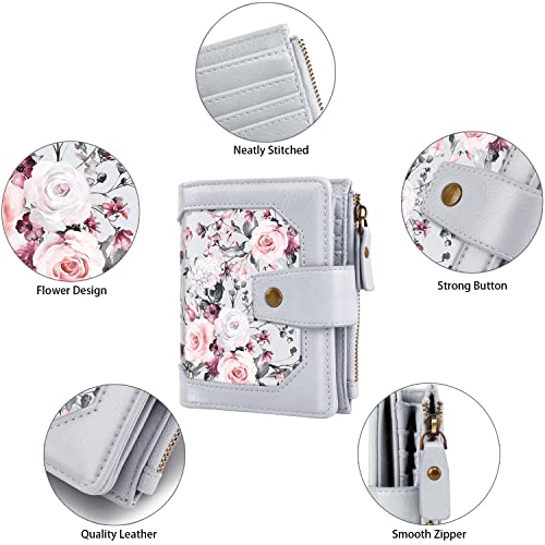 Image of Wallets for Women RFID Blocking Wallet Small Bifold Leather Pocket Wallet Ladies Mini Purse with ID Window,Grey Flower