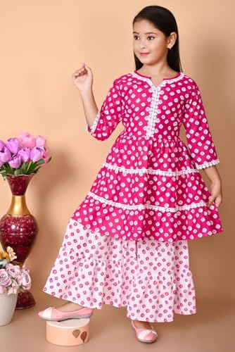 Image of First DREAMGirls Pink Bandhani Printed with Cotton Flower Lace Kurta with Sharara