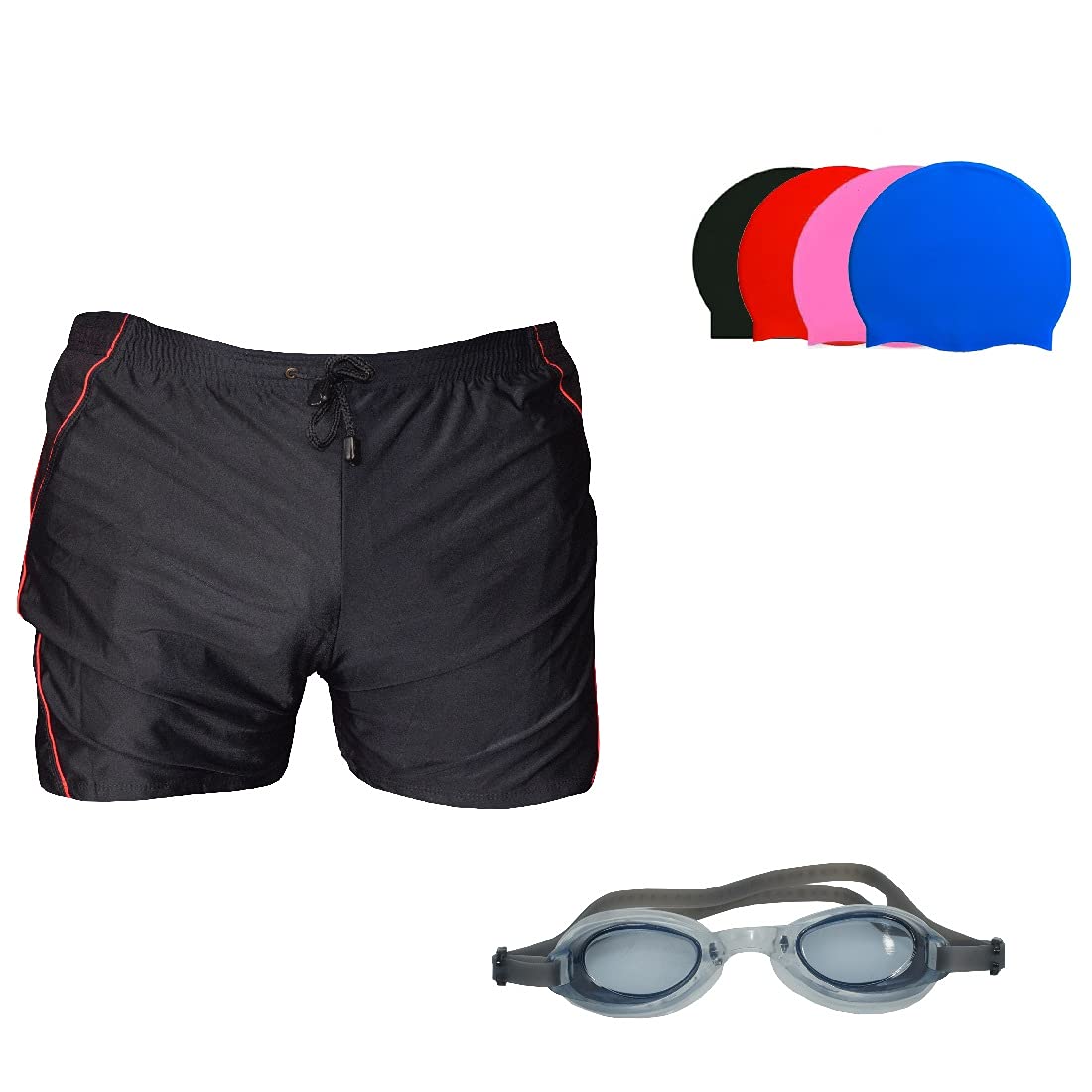 SWIMMING SHORTS V-619 BLACK RED PIPING SIZE 3XL WITH GOGGLES SILICONE IS-1600 WITH POUCH BLUE AND 100% SILICONE SWIMMING CAP PLAIN PINK-image-9