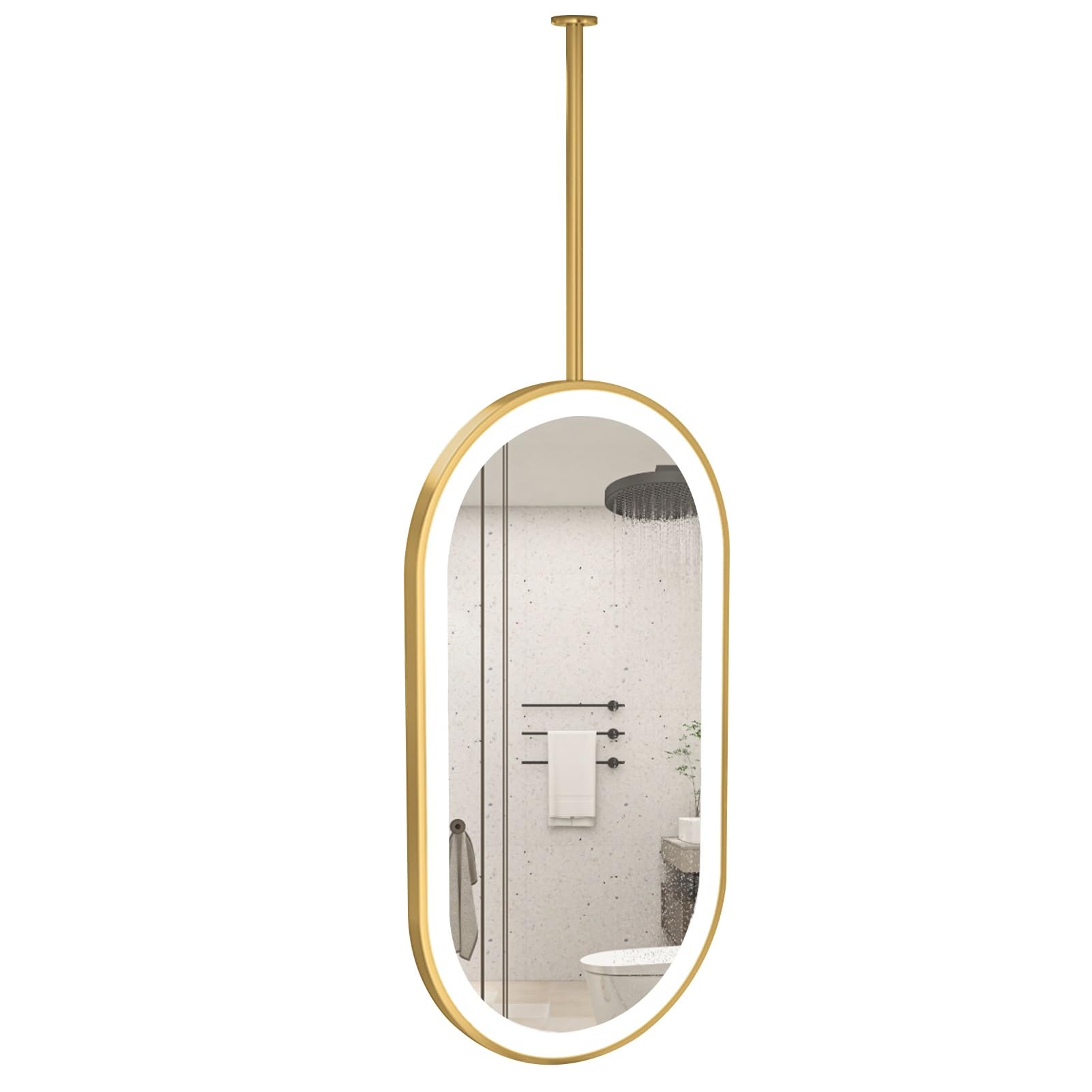 GLJTUO Modern Hanging Rod Mirror with Lights, Ceiling Mounted LED Vanity Touch Button, Customizable Oval Wall Mirrors for Home or Hotel Bathroom, Gold,size_name-60L x 40W cm