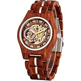 Men's Automatic Mechanical Wooden Watch, Sandalwood Skeleton Self-Winding Watch with Roman Numerals, Hybrid Wood & Stainless Steel Band, Lightweight Casual Dress Wristwatch for Men, Red