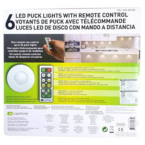 Capstone 6 LED Wireless Puck Lights with Remote Control, White - Thumbnail 2