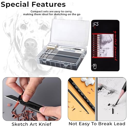 Image of DaKos Professional Sketching Pencil Set for Artists - Complete Drawing Kit with Graphite Pencils Set & Carry Box, Art Supplies for Shading & Sketching with Pencil Set in Tin Box (34 Pcs)
