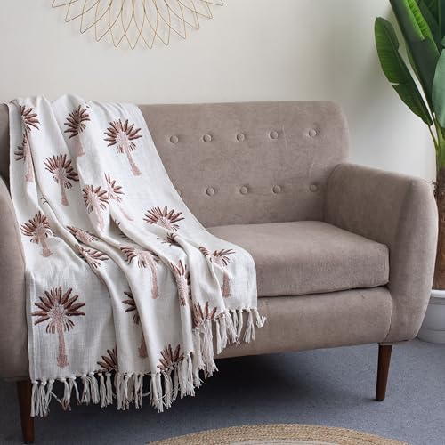 Image of Hand Block Printed Cotton Jute Sofa Throw Blanket 50x70 Inches Soft Lightweight Decorative Couch Coverlet with Tassels Boho Living Room & Bed Cover (Palm Tree Design, Off White & Brown)