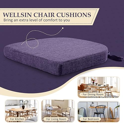 Image of Wellsin Chair Cushions for Dining Chairs 4 Pack - Kitchen Chair Cushions with Ties and Non-Slip Backing - Dining Chair Pads 16 inchX16 inchX2 inch, Purple