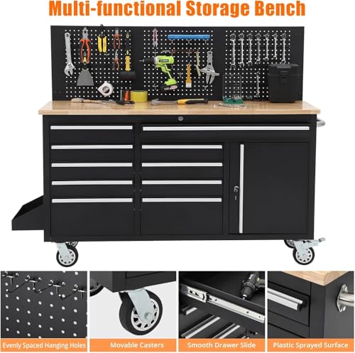Image of 61 Inch Workshop Workbench with Locking Storage, Durable Steel Cabinet and 10-Drawer Organizer Under Solid Rubber Wood Top, Garage Work Station for Tools & DIY Projects