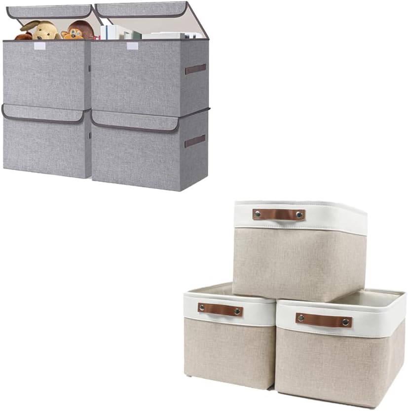 Bagnizer Contenedor de almacenamiento de tela con tapas, 14.6 x 9.5 x 9.5 pulgadas 4 unidades + cesta de almacenamiento de lino de 15 x 11 x 9.5