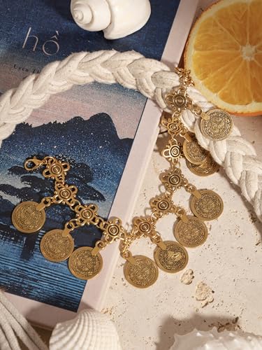 Image of MINACHI Boho Coin Charm Brass-Tone Vintage Tribal Style Chain Anklet | Brass-tone coin charm anklet, vintage tribal style chain, boho beach style design; perfect for beach days and summer outfits