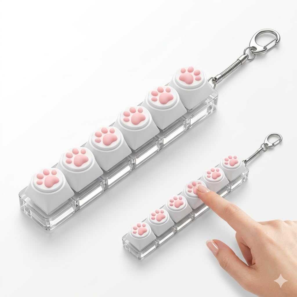 Keyboard Fidget Toy, Pink Cat Paw Fidget Toy Portable Fidget Keyboard Keychain, Clicker Keyboard Fidget Toy Stress Relief for Office, School, Home and Travel, Gifts with Multiple Styles (6-Button)