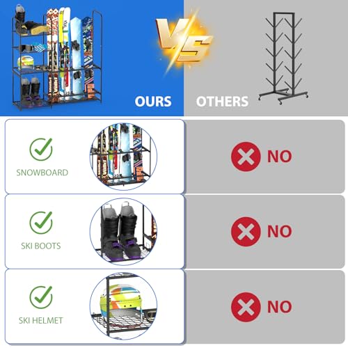 Freestanding Ski Rack for Garage - Stores 4 Pairs of Skis, Adjustable Ski Boot Holder, Organizes Skis, Boots, Poles, Goggles, Helmets & Gear, Ideal for Garage, Shed, Basement, Ski Enthusiasts - Thumbnail 4