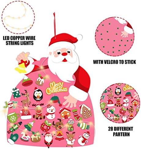 LOKIPA DIY Felt Christmas Santa for Kids with LED Lights,Christmas Felt Decorations Kits with 28PCS Wall Hanging Detachable Ornaments for Toddlers Xmas Gift