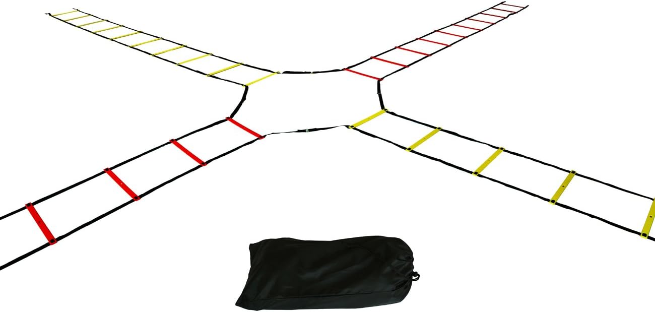 Trademark Innovations Agility Quad Ladder - 12 Adjustable Rungs on Four Training Ladders (Red and Yellow)