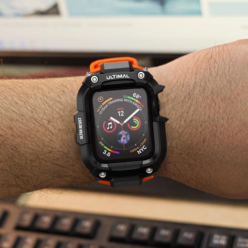 Image of ULTIMAL Rugged Band with Case for Apple Watch 44mm, Military-Grade Shockproof Protective Strap for Men, All-in-One Outdoor Sport Watch Band Compatible with iWatch Series 6 /5 /4 /SE3 /SE2 /SE (Orange)