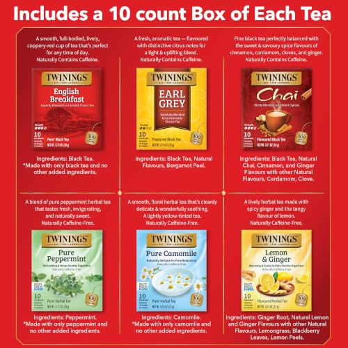 Image of Twinings Tea Discovery Gift Set, Black & Herbal Variety Pack, 6 Mini Boxes | Includes English Breakfast, Earl Grey, Chai, Pure Peppermint, Pure Camomile, and Lemon & Ginger, 60 Individual Teabags