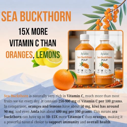Image of Ayuniv Himalayan Sea Buckthorn Juice 500ml | Omega 3 6 7 9 | Vitamin C Rich | Natural Antioxidant Drink | Supports Immunity, Gut Health, Skin & Hair | No Added Sugar (500ml * 2)